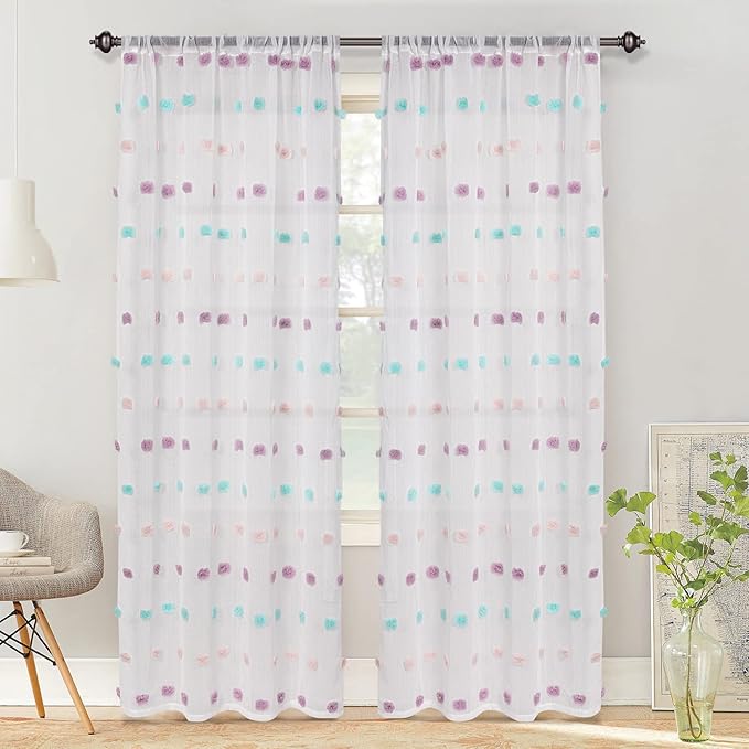 MYSKY HOME Pom Pom Sheer Curtains for Bedroom 72 Inch Length Long Rainbow Curtains for Dining Room Window Nursery Curtains Girls Kids Room 2 Pieces Rod Pocket Boho Farmhouse 52" x 72"