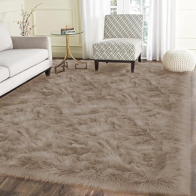 Latepis Living Room Carpet Brown Beige Large Area 6x8 Rug Washable Faux Fur Rug by Latepis