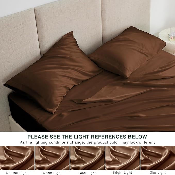 Love's cabin 4Piece California King Satin Bed Linen Set, Brown Silky Satin Sheets, Deep Pocket, Luxury Silk Feel, 1 Flat, 1 Fitted Sheet, 2 Pillow Cases