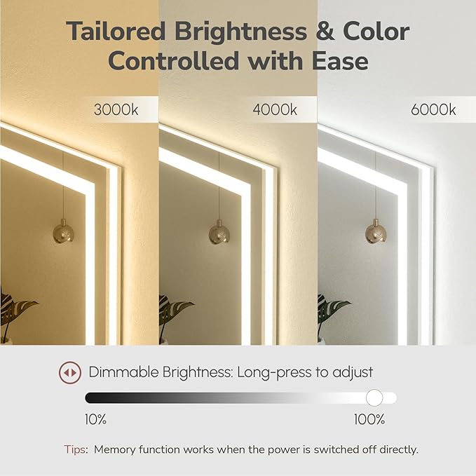 USHOWER LED Bathroom Mirror 48x32 Inch with Lights - Frameless Tempered Glass LED Backlit Lighted Mirror for Bathroom Vanity with Anti-Fog, 3 Colors Dimmable, Memory Function, Wall-Mounted