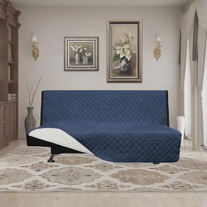 Easy-Going Reversible Couch Cover, Large Futon Sofa, Dark Blue/Ivory | Machine - Image 2