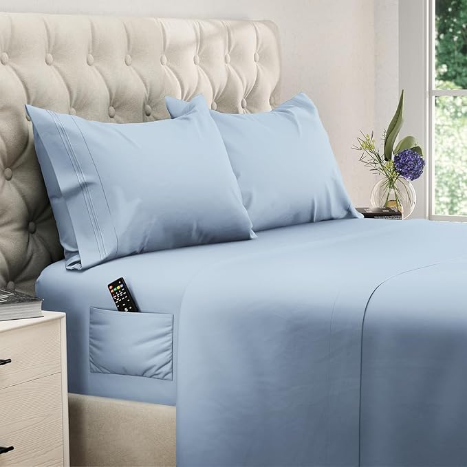 DREAMCARE Twin XL Sheet Sets - 4pc Cooling Sheets XL Twin Sheets - up to 21” Deep Pocket – Hotel Luxury Extra Long 100% Brushed Microfiber with Side Pocket - L. Blue