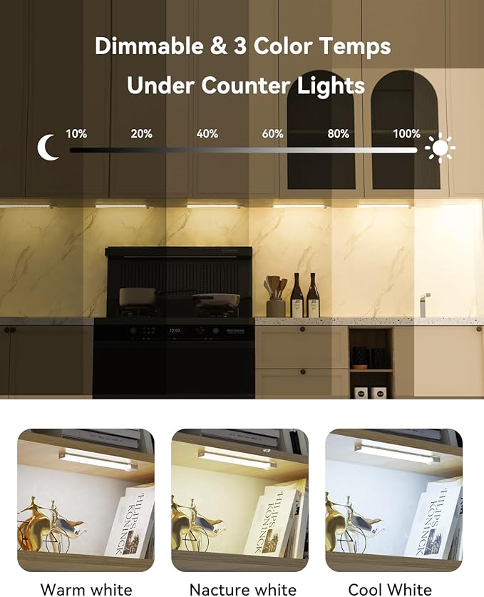 Under Cabinet Lighting 4 Inches Rechargeable Motion Sensor Light Indoor, 3 Color Dimmable Closet Light Battery Operated, USB Stick on LED Magnetic Under Counter Lights for Kitchen Stair, 6 Packs