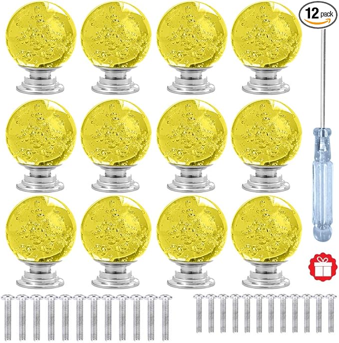 12 Pcs 30mm Round Shape Bubble Crystal Glass Cabinet Knobs with Screws Drawer Knob Pull Handle Used for Kitchen, Dresser, Door, Cupboard (Yellow)
