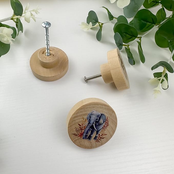 8Pack1.8 Safari Animals Wooden Cabinet Knob Elephant Giraffe Lion Zebra Theme Nursery Room Dresser Drawer Handle Pulls and Knobs