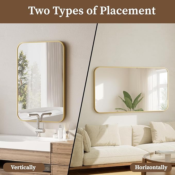BEAUTYPEAK Gold Rectangular Bathroom Mirror - 30" x 48" Wall Mounted Aluminum Alloy Frame Mirror with Rounded Corners for Bedroom Living Room, Horizontal or Vertical
