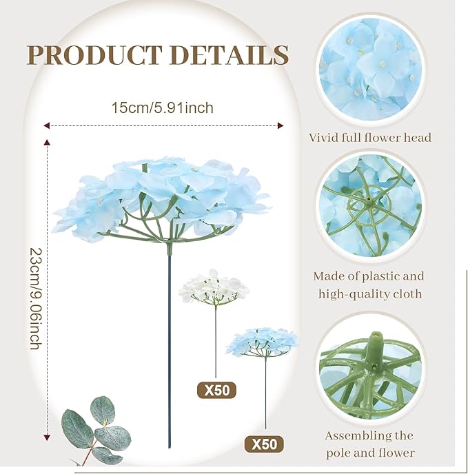 Zeyune 100 Pcs Hydrangea Artificial Flowers, Silk Flower Heads with Stems, Fake Hydrangea Bouquet for Wedding Arch Centerpiece DIY Floral Home Decoration (White and Blue)