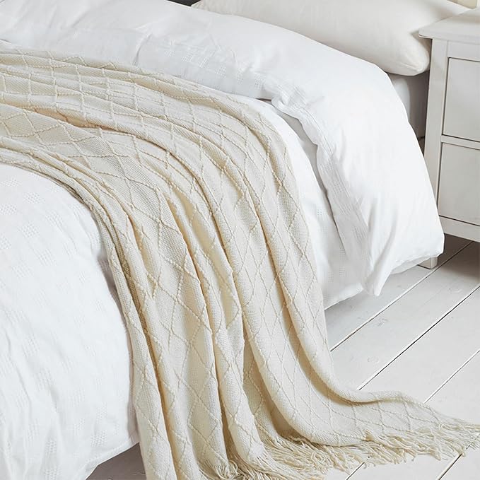 BOURINA Beige Throw Blanket 50x60 Inches Throw Textured Solid Soft Sofa Couch Decorative Knit Blanket