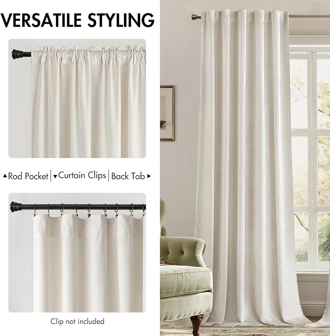 MIULEE Velvet Curtains 52x96 inches 2 Panels Ivory Room Darkening Curtains | - Image 2