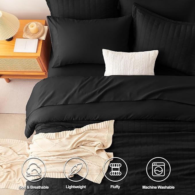 CozyLux Oversized King Comforter Set Black Seersucker 7 Pieces 120x98 Bed in a Bag Comforter Set with Sheets, Luxury Soft Bedding Sets with Down Alternative Comforter, Sheets, Pillowcases & Shams