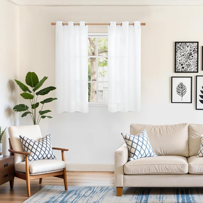 48 Inch Length White Linen Semi Sheer Curtains - Image 2