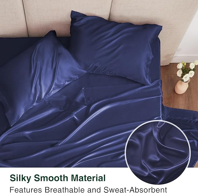 Love's cabin Full Size Satin Sheet Sets - 4 Piece Navy Blue Silky Sheet Set Full with Deep Pocket, Luxury Silk Feel Satin Bed Sheets Full Bedding Set (1 Flat Sheet,1 Fitted Sheet,2 Pillow Cases)