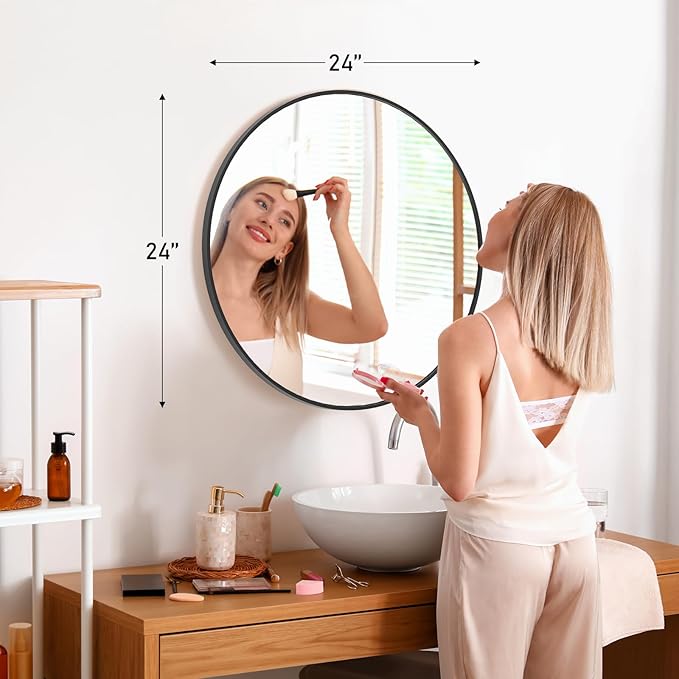 DUMOS Black Circle Mirror for Wall 24.02 inch, Bathroom Round Mirror for Over Sink, Bathroom, Entryway, Bedroom, Vanity