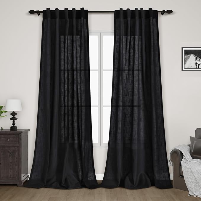Black Boho Curtains for Bedroom Back Tab Rod Pocket Semi Sheer Linen Curtains by Nanspring