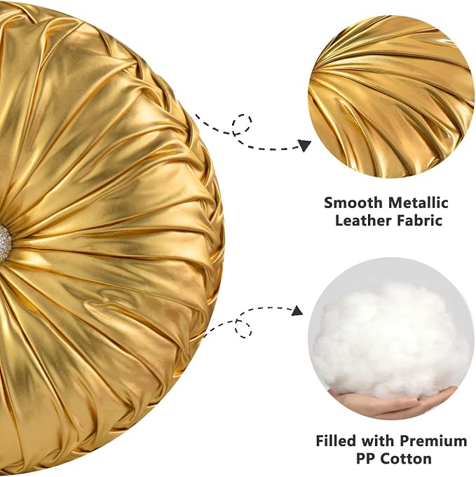 HIG Set of 2 Gold Metallic Leather Decorative Round Pleated Throw Pillows | - Image 3