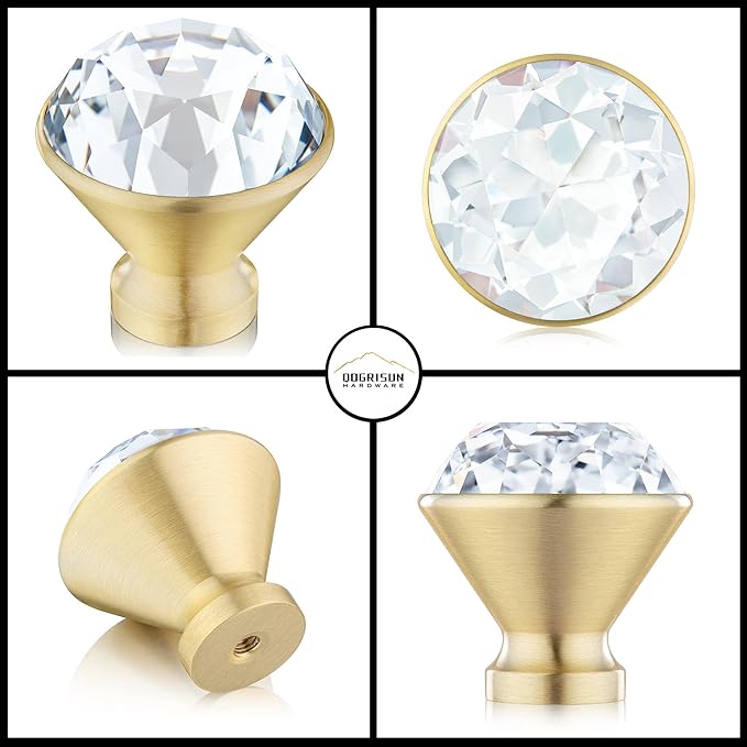 QOGRISUN 10-Pack Brass Crystal Cabinet Knobs,Glass Crystal Gold Drawer Knobs,1-1/4-Inch Diamond, Decorative Dresser Pulls, Modern Cabinet Hardware