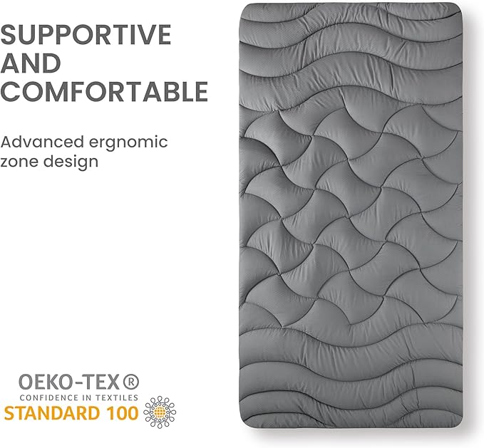SLEEP ZONE Cooling Twin Mattress Topper for Single Bed, Premium Zoned Cool Mattress Pad Cover, Padded Mattress Protector Breathable Washable, Deep Pocket 8-21" (Grey, Twin, 39 x 75)