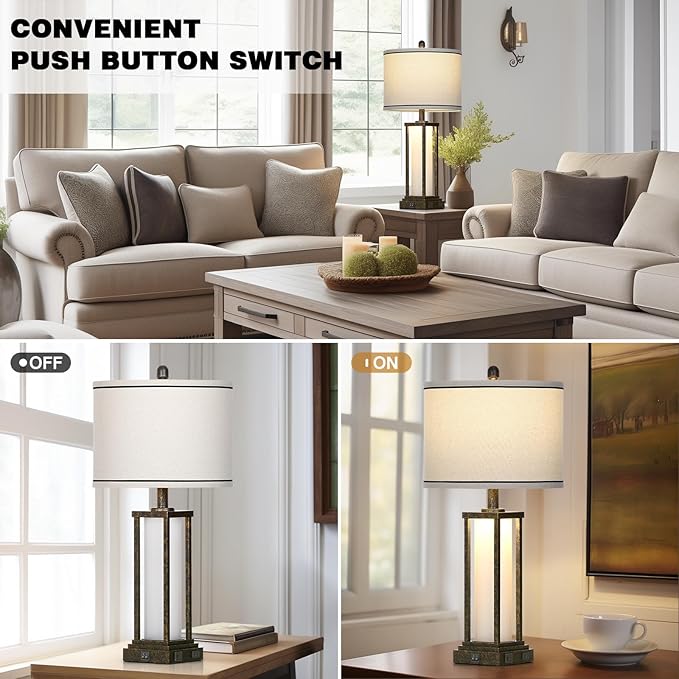 27" Tall Vintage Table Lamp Set of 2 with USB C+A & Outlet,Bronze Industrial End Table Lamp for Living Room,Farmhouse Rustic Bedside Lamps with Frosted Glass Night Light for Bedroom Nightstand,Bronze