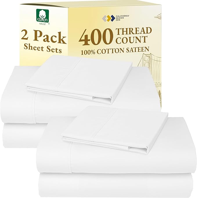 California Design Den 2-Pack Twin XL Sheet Sets 100% Cotton Sateen - 400 Thread Count - Extra Soft, Breathable & Cooling Sheets, Wrinkle Resistant, 2 Sets of Deep Pocket Bed Sheets - Antique White