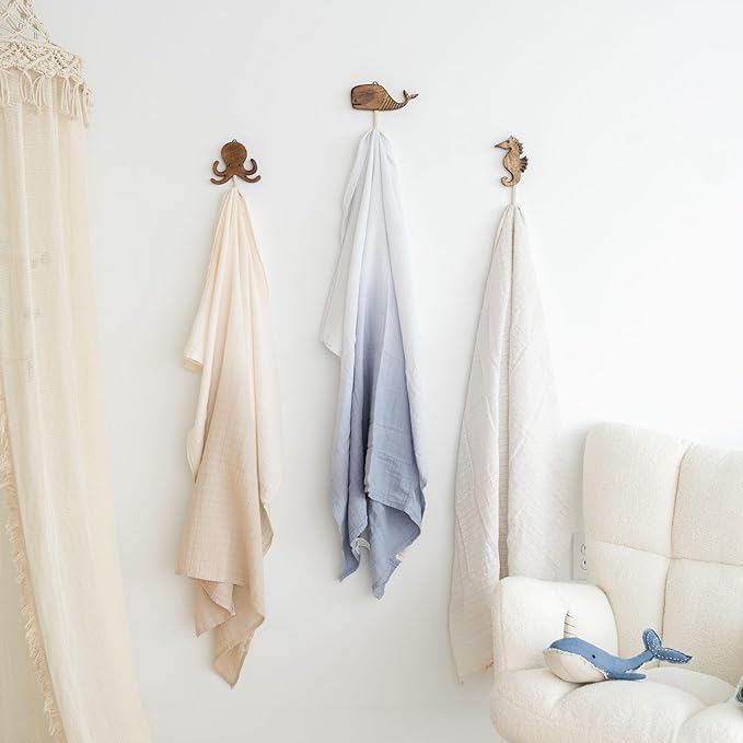Crane Baby Sea Life Wooden Wall Hooks, Set of 4 Wood Wall Hooks, Ocean Nursery Decor, Wood Towel Hook, Kids Towel Hooks, Kids Coat Hooks, Kids Wall Hooks, Handmade Wooden Nursery Décor