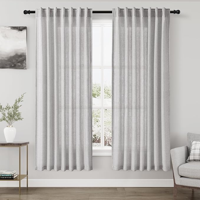 Grey Linen Semi Sheer Curtains 72 Inches Long 2 Panels Set by Nanspring