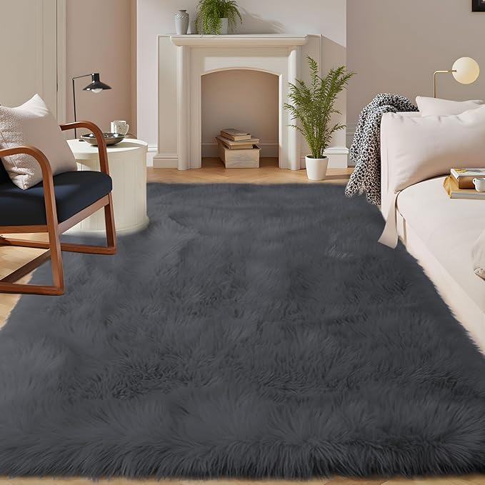 Latepis Dark Grey Faux Fur 7'10"x9'10" Area Rug, Soft Plush Faux Fur Sheepskin by Latepis