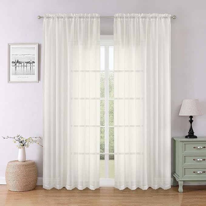 Ivory Sheer Curtains 84 Inches Long 2 Panels, Solid Airy Voile Extra Wide by Lecloud