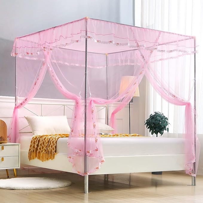 Pink Canopy Netting for Bed - 4 Corner Canopy for Beds, Canopy Bed Curtains, Bed Canopy for Girls Adults, Bedroom Decor (Full Size, Pink)