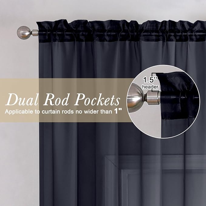 Black Sheer Curtains 108 Inches Long 2 Panels Set, Extra Wide Airy Voile Sheer - Image 4
