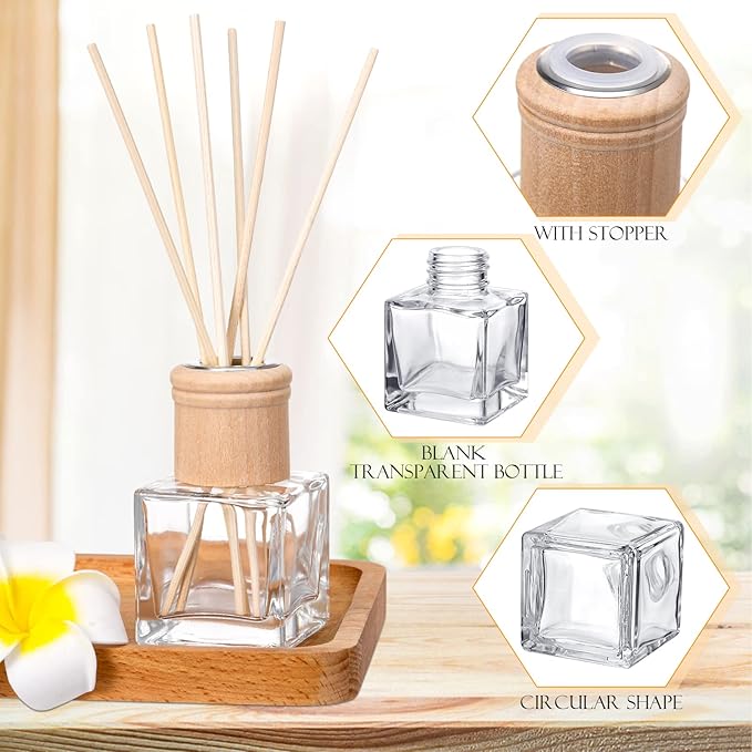 Roshtia 10 Set Reed Diffuser Bottle Empty Refillable Fragrance Glass Diffuser Bottles with Wooden Caps Rattan Sticks 50ml 1.7 oz Square Glass Jars for DIY Fragrance