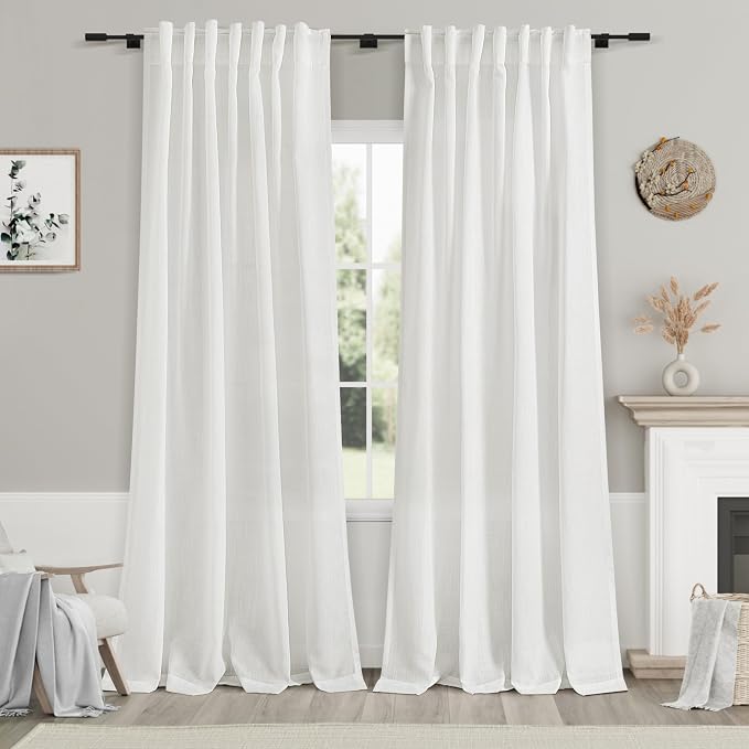 White Linen Curtains for Living Room 93 Inches Long Extra Long Back Tab by Nanspring