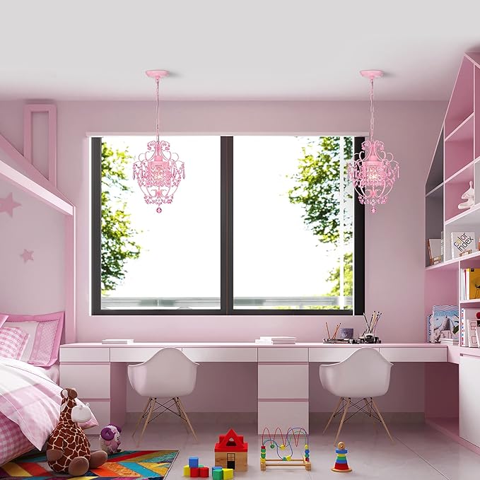 Pink Chandelier for Bedroom, 90% Pre-Assembled 1 Light Small Crystal Chandelier, Mini Acrylic Crystal Ceiling Light Fixture Charming for Girls Room, Closet, Bathroom, Entryway, Dining Room