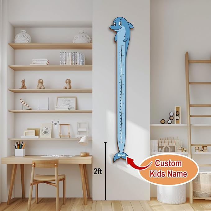 Personalized Growth Chart for Wall, Wooden Height Chart for Kids, Cute Height Measurement for Child/Girls/Boys, Baby and Toddler's Playroom/Kid's Room/Nursery Decor, Dolphin