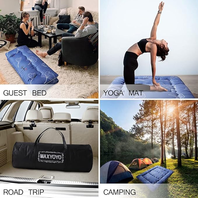 MAXYOYO Leaf Printed Japanese Futon Floor Mattress, Thicken Sleeping Pad Floor Bed Roll Up Camping Guest Mattress Folding Couch Bed, Queen Size
