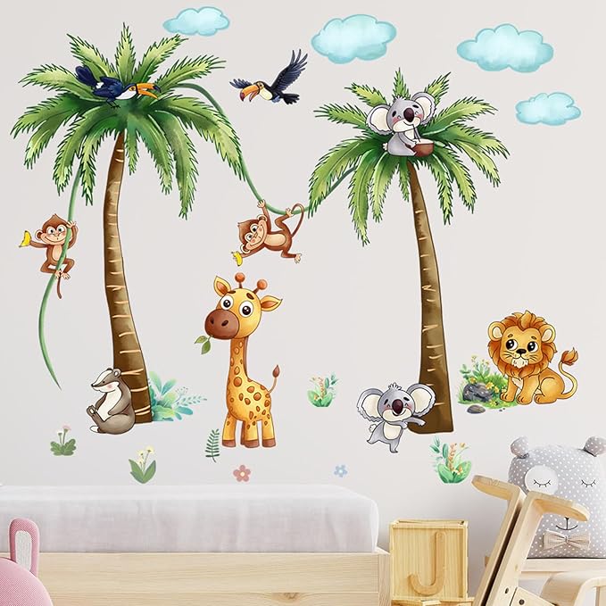 Jungle Animal Wall Stickers Forest Safari Wall Decals Kid Room Nursery Baby Bedroom Décor (Brown Tung Tree Toucan)
