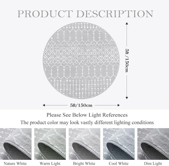 Lahome Moroccan 5Ft Round Rug Machine Washable Round Bedroom Carpet Grey - Image 2