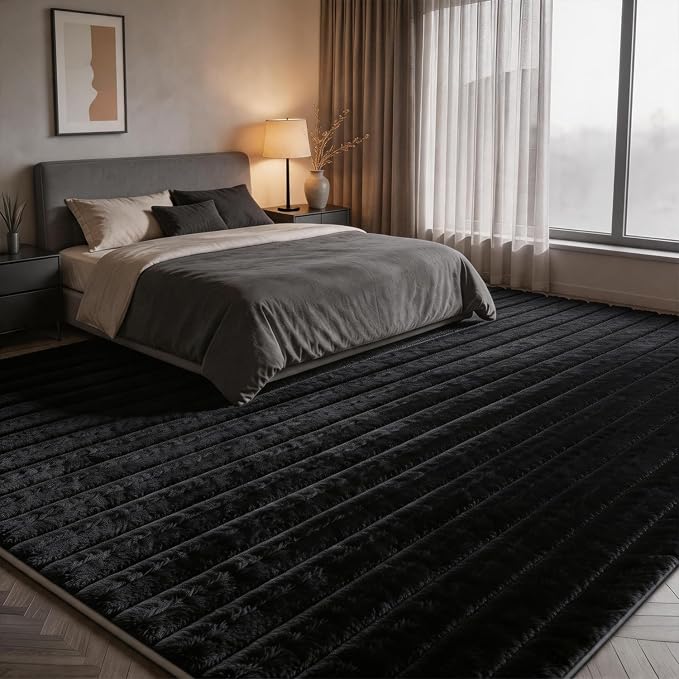 Black Rabbit Striped Plush Rug 8'x10', Fluffy Shaggy Area Rug - Image 3