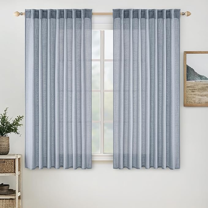 MIULEE Chambray Blue Linen Curtains 52x63 Inch Long by MIULEE