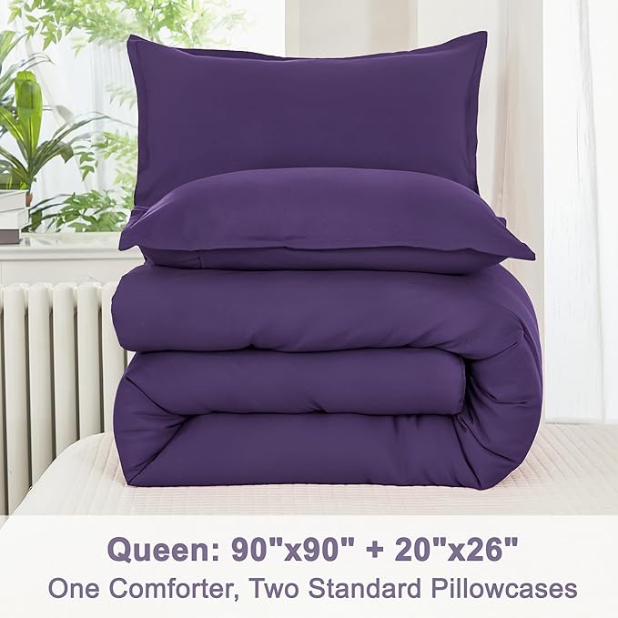 Litanika Dark Purple Comforter Set Queen Size, 3 Pieces Lightweight Solid Bedding Comforter Set, All Season Fluffy Bed Set (90x90In Comforter & 2 Pillowcases)