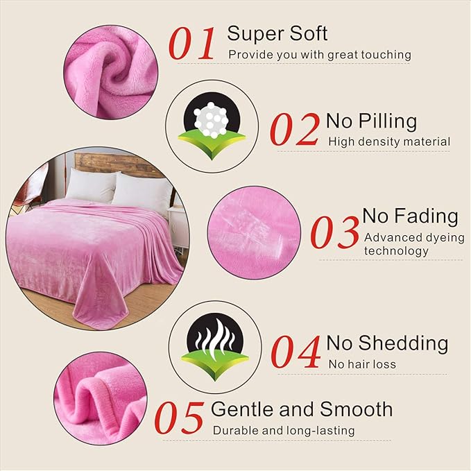 Fleece Queen Size Summer Blanket All Season 350GSM Lightweight Throw for The Bed Extra Soft Brush Fabric Winter Warm Sofa Blanket 90" x 90"(Pink Queen)