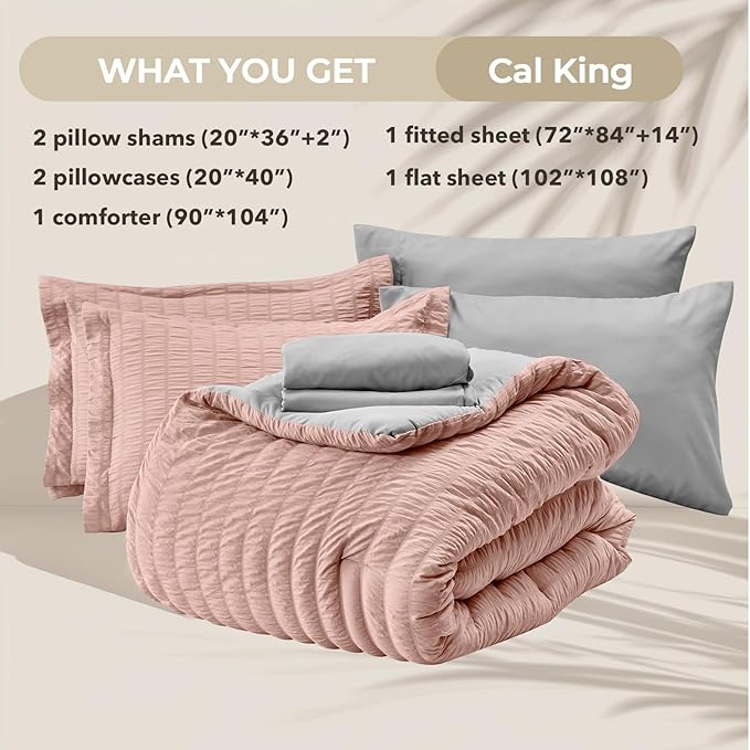 HYMOKEGE Rose Gold/Light Grey California King Comforter Set Seersucker 7 Pieces, All Season Luxury Bed in a Bag for Bedroom, Bedding Set with Comforter, Sheets, Pillowcases & Shams