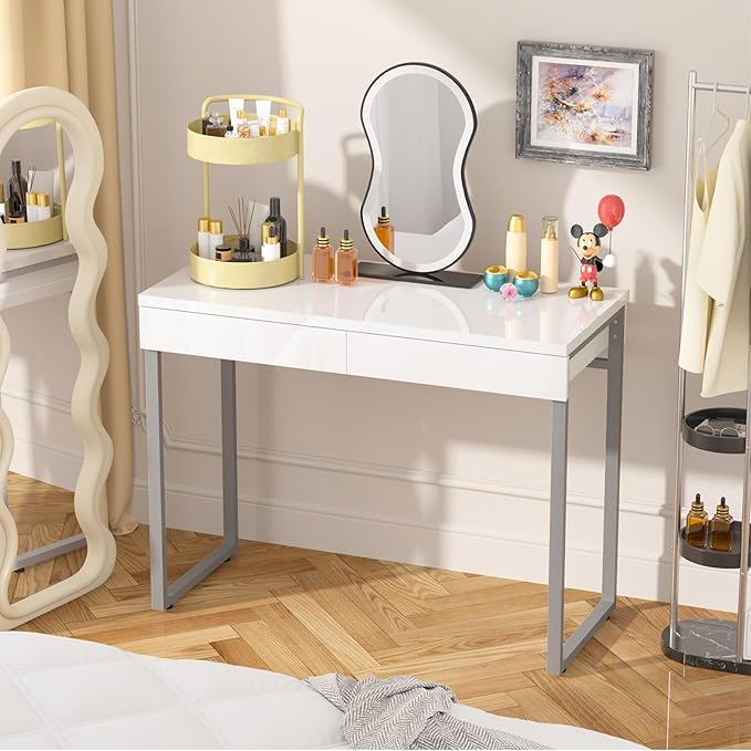 GreenForest Vanity Desk with 2 Drawers,47 inch White Desk with Glossy Desktop Easy Clean,Makeup Dressing Table with Metal Silver Legs for Home Office Small Spaces,Bedroom