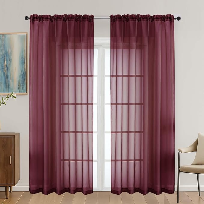 Burgundy Sheer Curtains 72 Inches Long 2 Panels Set, Light Filtering Sheer by OVZME