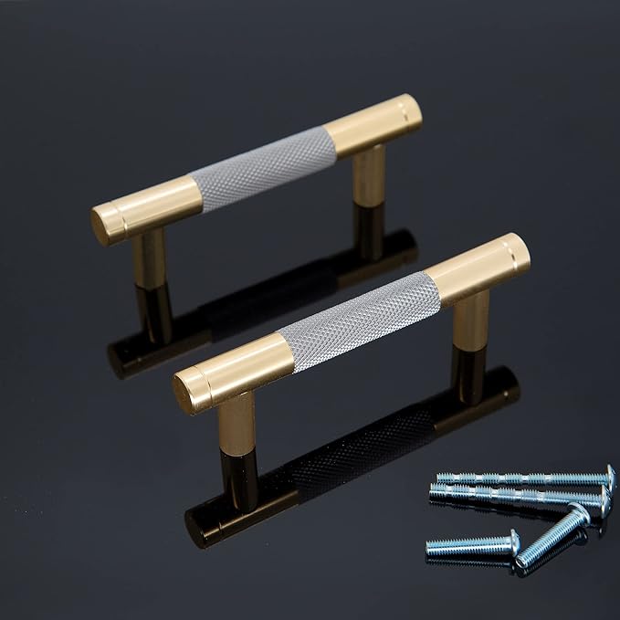 Knurled Cabinet Pulls 2 Pack, 4 Inch Long Cabinet Handles Metal Door Pulls, Kitchen Drawer Pull Knurled Dresser Handles - 3" Hole to Hole, Grey & Gold