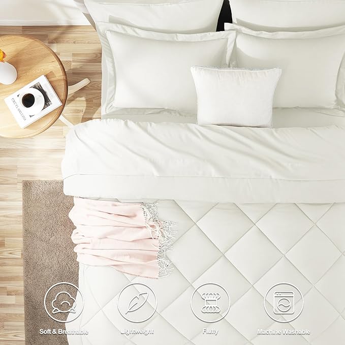 CozyLux Queen Comforter Set Ivory - Bed in a Bag Queen Size 7 Pieces, Luxury Soft Bed Set for All Seasons, Bedding Set with Down Alternative Comforter, Sheets, Pillowcases & Shams