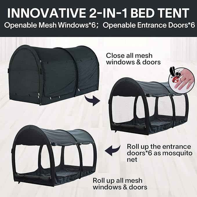 Alvantor Bed Canopy Bed Tents 2-in-1 Dream Tents Privacy Space Twin Size Sleeping Tents Indoor Pop Up Portable Frame Curtains Breathable Gray Cottage Reducing Light & Air Ventilation