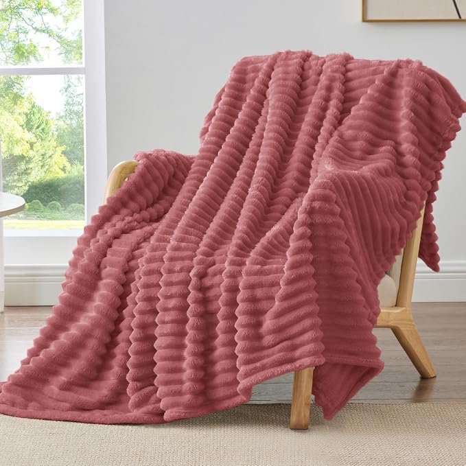 BEDELITE Striped Fleece Throw Blanket, Brick Dust, Soft Cozy, Lightweight Warm by BEDELITE