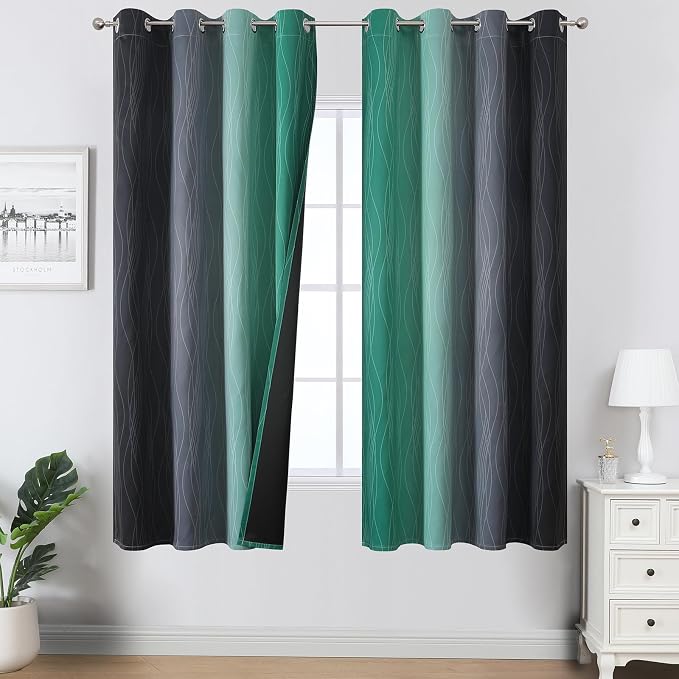 Black and Green Ombre Blackout Curtains 63 Inches Long | Gradient Color Curtains by ESTELARTEXTILER
