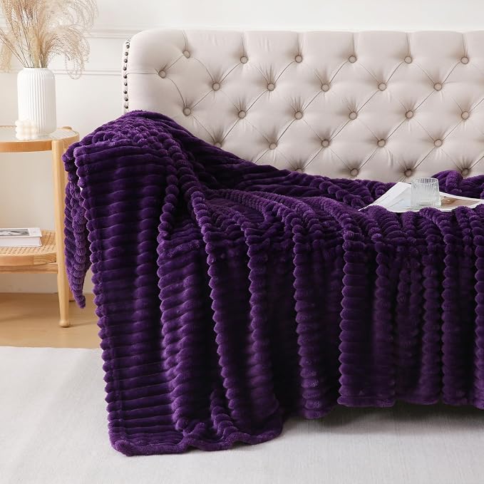 Deep Purple Throw Blanket for Couch Sofa 50x60 inches Striped Design | Fleece - Image 2