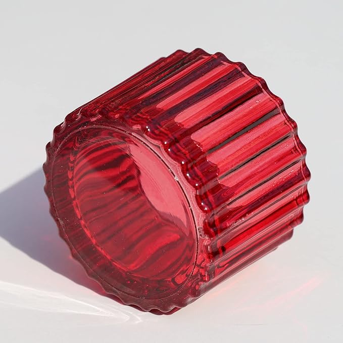 VOHO 24pcs Red Tealight Candle Holder for Christmas Decorations, Vintage Ribbed Votive Candle Holders Gifts for Women Friends, Small Tea Light Candle Holder Glass Wedding Centerpieces for Tables